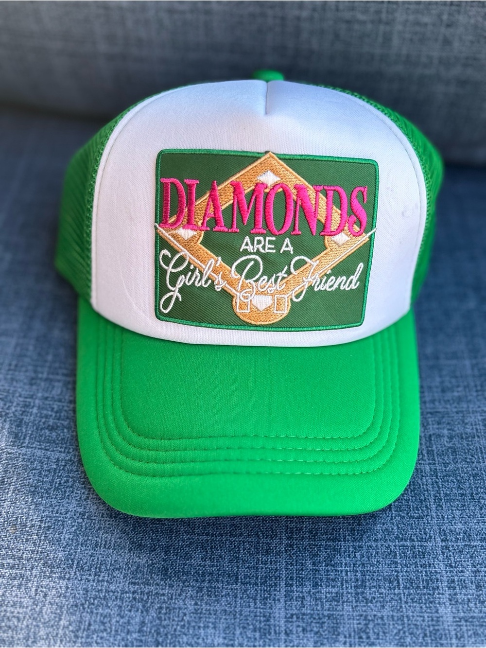 ⭐️Green and White Trucker Cap with "Diamonds Are A Girl's Best Friend" Patch